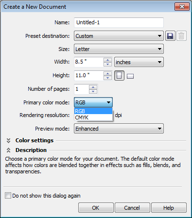 CorelDRAW New Document Color Mode