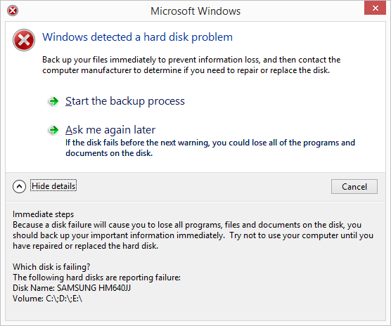 Windows SMART hard disk problem error