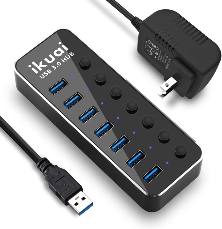 Powered USB Hub ikuai 7 Port Aluminum USB 3.0 Data Hub Splitter