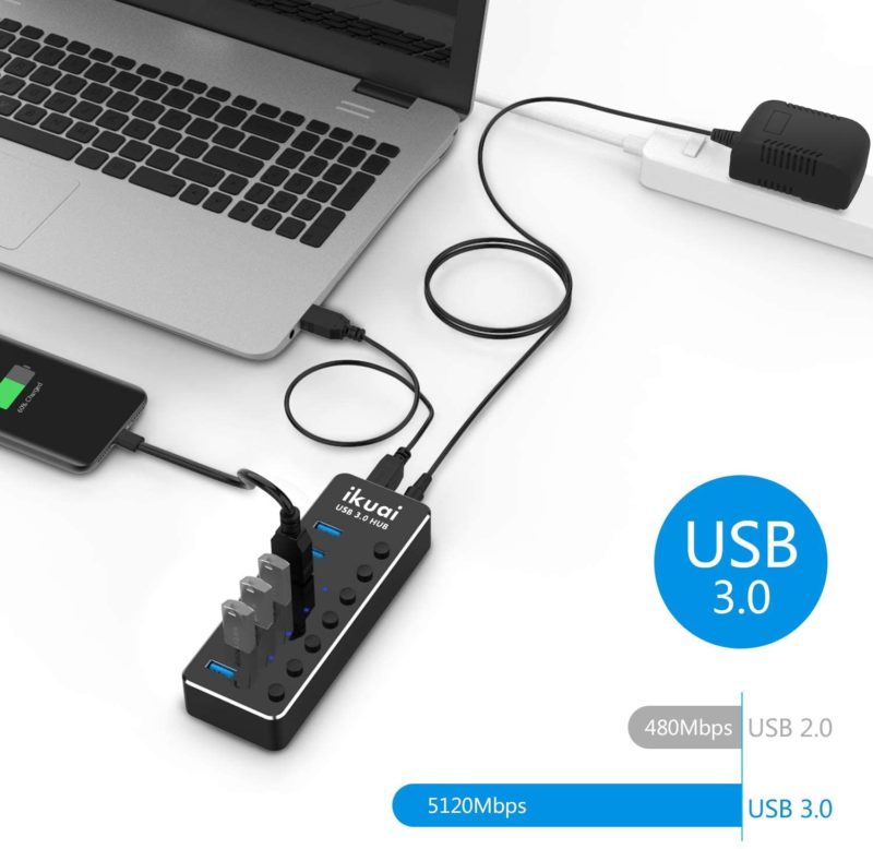 Powered USB Hub ikuai 7 Port Aluminum USB 3.0 Data Hub Splitter 