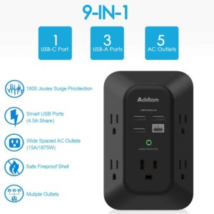 USB Wall Charger Surge Protector - Addtam 5 Outlet Extender with 4 USB Charging Ports